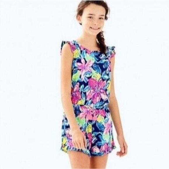 Lilly Pulitzer Girls XL 12-14 Floral Print Sleeveless Tala Romper Nauti Navy Cap - Picture 1 of 4